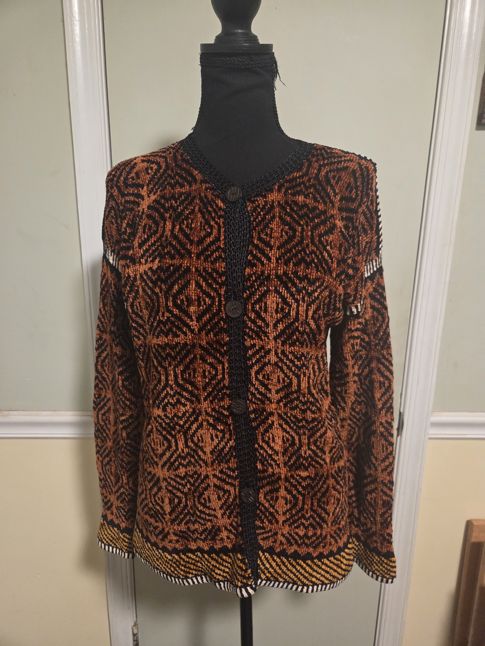 Women's Orange and Black Geometric Knit Cardigan